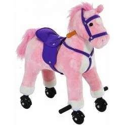 HOMCOM Wheeled Rocking Horse Ride On Rocker Children Riding Toy Plush Pink Sound