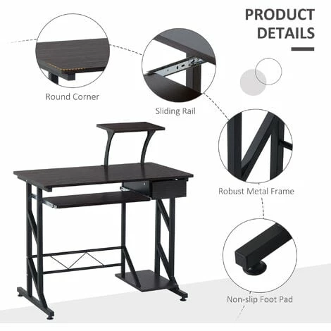 HOMCOM Computer Desk Quality Office Home PC Shelf Tray Wood Station Dark Brown