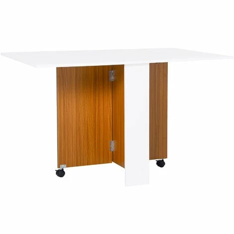 HOMCOM Folding Dining Table Mobile Writing Desk w/ Casters Teak Colour, White