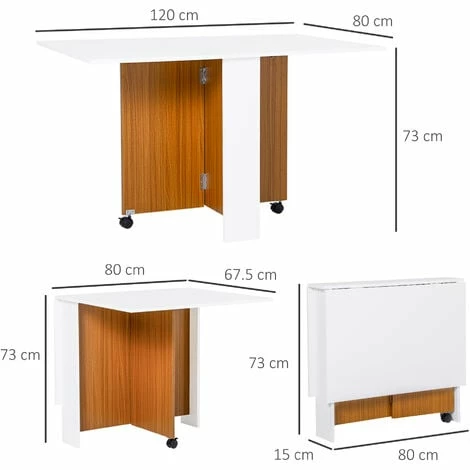 HOMCOM Folding Dining Table Mobile Writing Desk w/ Casters Teak Colour, White
