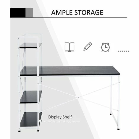HOMCOM Computer Desk Laptop Table w/4-tier Bookshelf Metal Frame Black, White