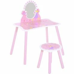 HOMCOM HOOMCOM Girls Kids Pink Dressing Table Make Up Play Set Desk Chair Mirror Wooden