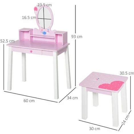 HOMCOM Kids Dressing Table and Stool Set Make Up Desk with Storage (Pink)