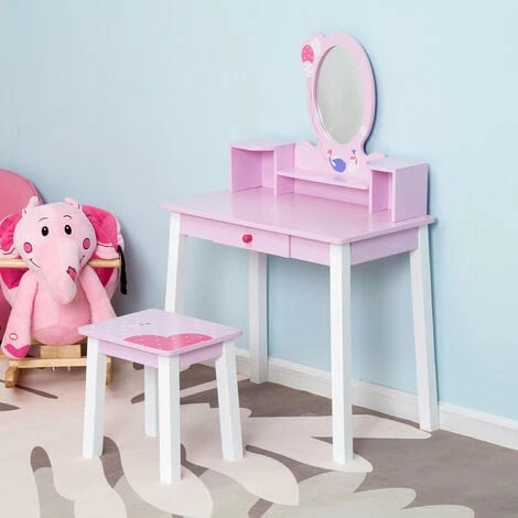 HOMCOM Kids Dressing Table and Stool Set Make Up Desk with Storage (Pink)