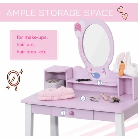 HOMCOM Kids Dressing Table and Stool Set Make Up Desk with Storage (Pink)