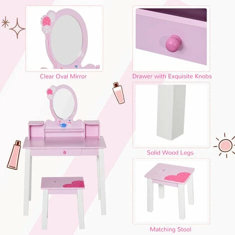 HOMCOM Kids Dressing Table and Stool Set Make Up Desk with Storage (Pink)