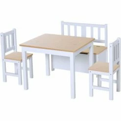 HOMCOM 4-Piece Set Kids Wood Table Chair Bench W/ Storage Function For 3 Years+