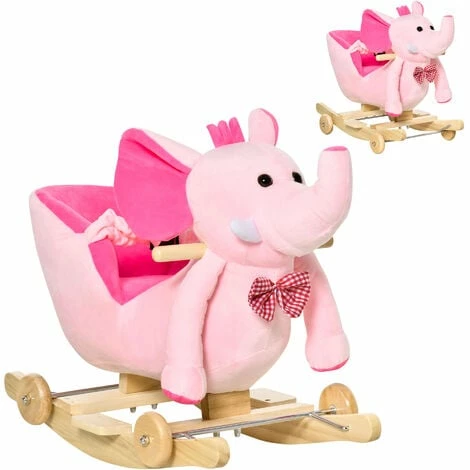 HOMCOM Baby Ride on Rocking Wooden Toy for Kids 2 in 1 Plush Elephant 32 Songs - Pink