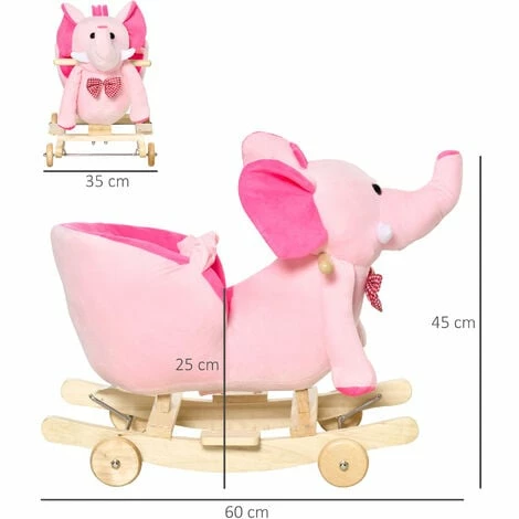 HOMCOM Baby Ride on Rocking Wooden Toy for Kids 2 in 1 Plush Elephant 32 Songs - Pink