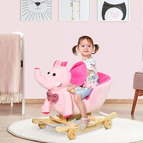 HOMCOM Baby Ride on Rocking Wooden Toy for Kids 2 in 1 Plush Elephant 32 Songs - Pink