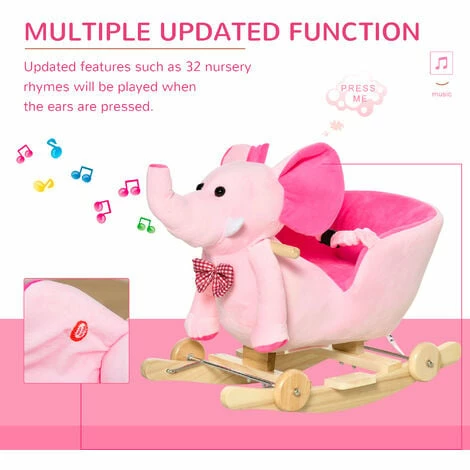 HOMCOM Baby Ride on Rocking Wooden Toy for Kids 2 in 1 Plush Elephant 32 Songs - Pink
