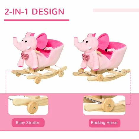 HOMCOM Baby Ride on Rocking Wooden Toy for Kids 2 in 1 Plush Elephant 32 Songs - Pink