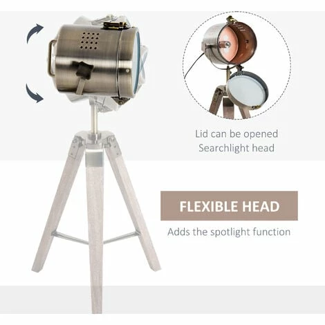 HOMCOM Vintage Tripod Table Desk Lamp Bedside Light Copper Finish Wooden Base