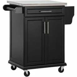 HOMCOM Rolling Kitchen Cart Storage Trolley With Drawer Towel Rail Steel Black
