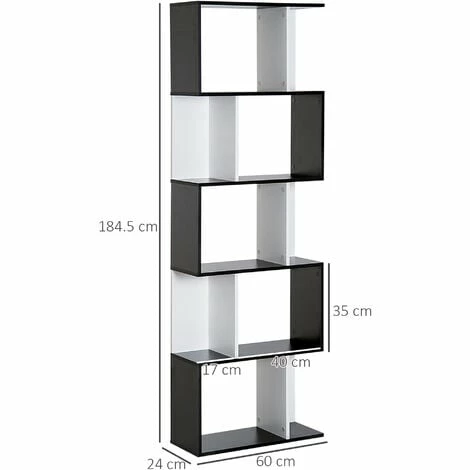 HOMCOM 5-tier Bookcase Storage Display Shelving S Shape design Unit Black