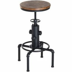 HOMCOM Bar Stool Swivel Chair Wooden Top Adjustable W/Footrest Pine Wood Steel