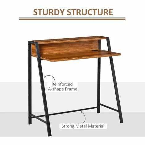 HOMCOM 2-Tier Storage Computer Workstation with Shelf, Metal Frame Walnut