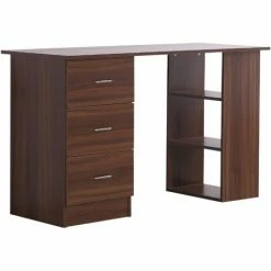HOMCOM 120cm Computer Desk Writing Table PC Workstation Study Stationery W/ 3 Shelf & Drawers For Home Office Walnut
