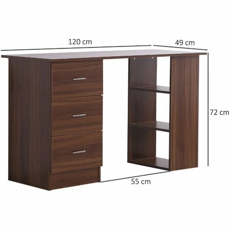 HOMCOM 120cm Computer Desk Writing Table PC Workstation Study Stationery w/ 3 Shelf & Drawers for Home Office Walnut