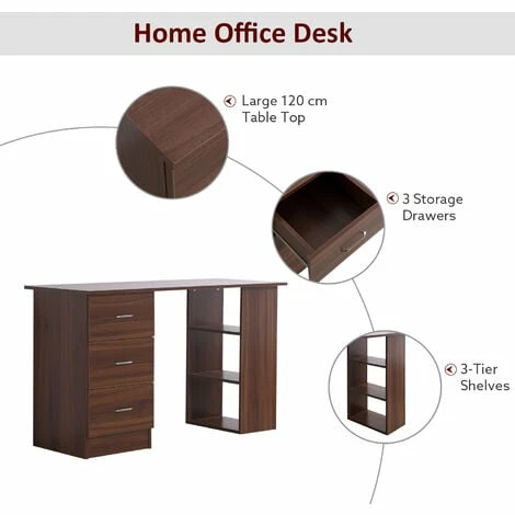 HOMCOM 120cm Computer Desk Writing Table PC Workstation Study Stationery w/ 3 Shelf & Drawers for Home Office Walnut